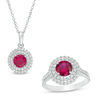 Thumbnail Image 1 of 6.5mm Lab-Created Ruby and White Sapphire Double Frame Pendant and Ring Set in Sterling Silver - Size 7