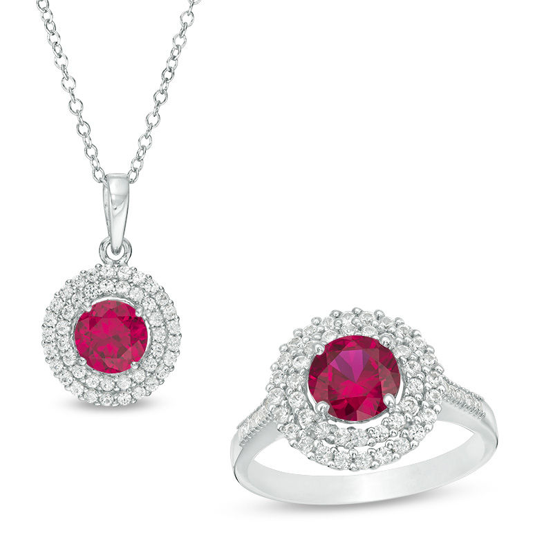 Main Image 1 of 6.5mm Lab-Created Ruby and White Sapphire Double Frame Pendant and Ring Set in Sterling Silver - Size 7