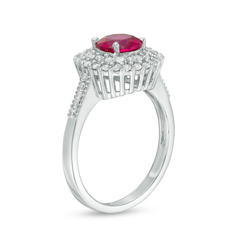 Main Image 2 of 6.5mm Lab-Created Ruby and White Sapphire Double Frame Pendant and Ring Set in Sterling Silver - Size 7