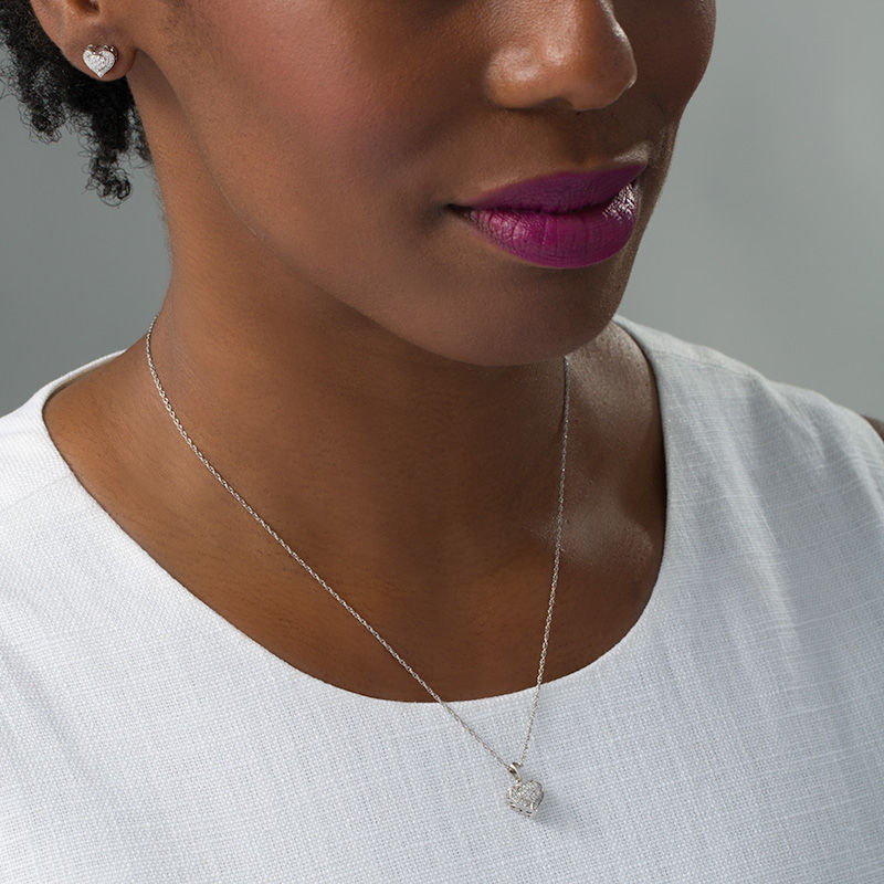 Main Image 2 of Lab-Created White Sapphire Heart Pendant and Stud Earrings Set in Sterling Silver