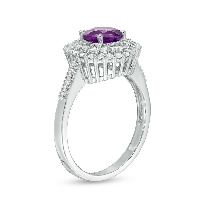 6.5mm Amethyst and Lab-Created White Sapphire Double Frame Pendant and Ring Set in Sterling Silver - Size 7