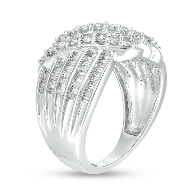 1 Ct. T.w. Baguette And Round Diamond Multi-row Wave Ring In 10k White 