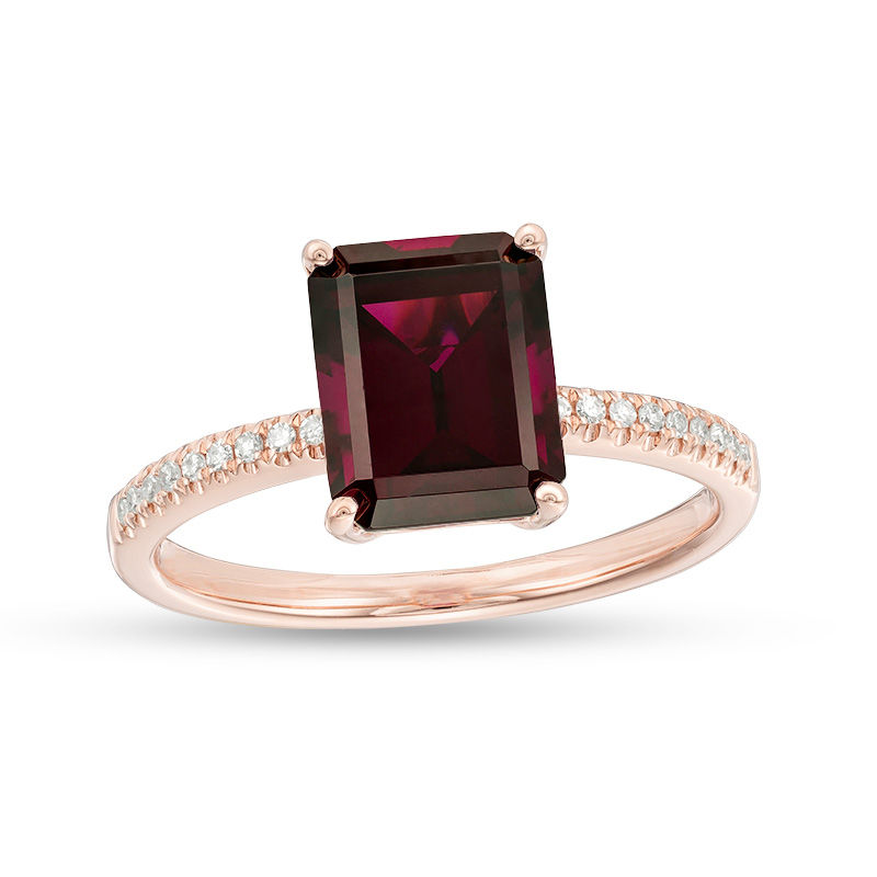 EFFY™ Collection Octagon Rhodolite Garnet and 1/15 CT. T.W. Diamond Ring in 14K Rose Gold