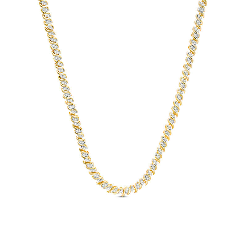 Main Image 1 of 1 CT. T.W. Diamond Two-Stone &quot;S&quot; Curve Tennis Necklace in Sterling Silver with Yellow Rhodium - 17&quot;