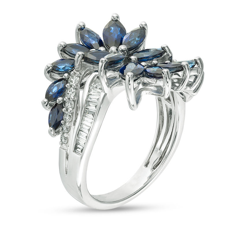 Main Image 2 of EFFY™ Collection Marquise Blue Sapphire and 1/3 CT. T.W. Diamond Bypass Split Shank Floral Ring in 14K White Gold