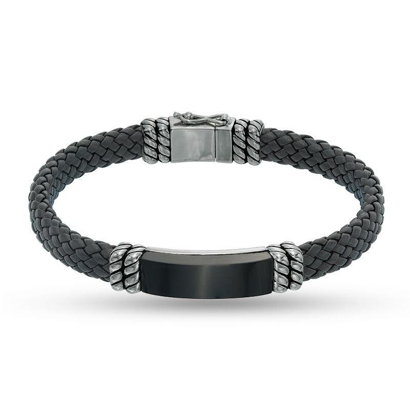 Main Image 1 of EFFY™ Collection Men's Rectangle Onyx Rope Accent Black Leather Bracelet in Sterling Silver