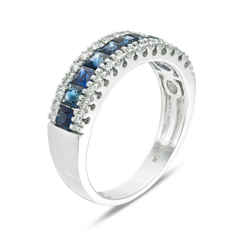 Main Image 3 of EFFY™ Collection Princess-Cut Blue Sapphire and 1/8 CT. T.W. Diamond Triple Row Ring in 14K White Gold