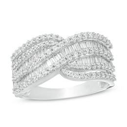 1 CT. T.W. Baguette and Round Diamond Multi-Row Crossover Ring in 10K White Gold