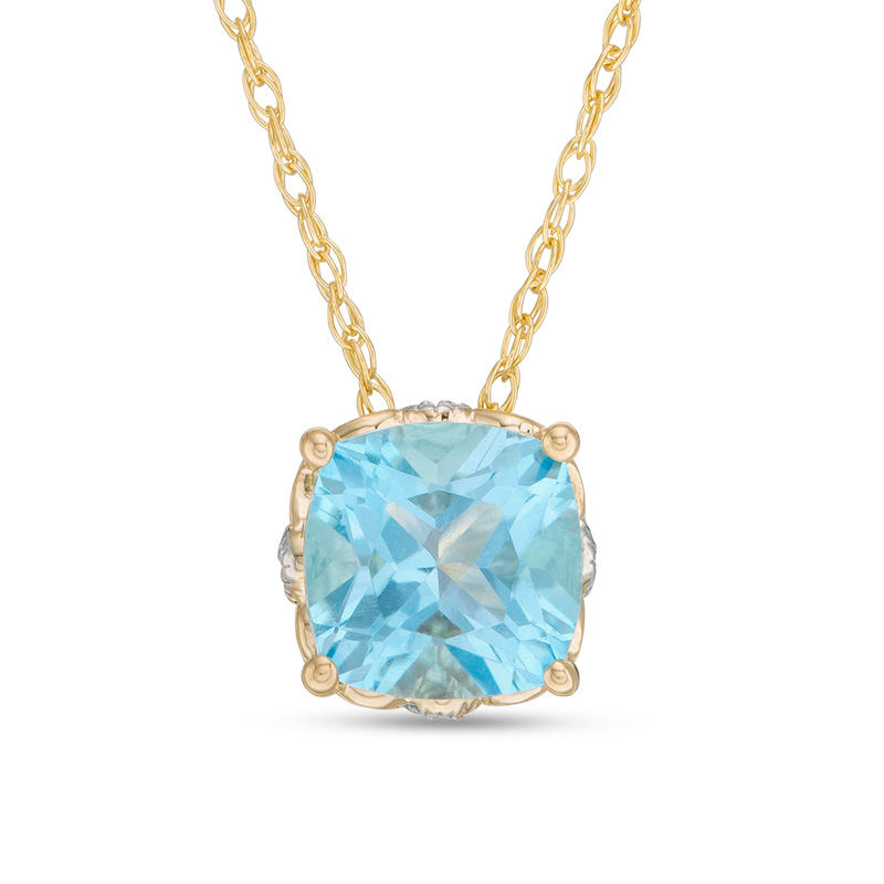 Main Image 1 of 6.0mm Cushion-Cut Swiss Blue Topaz and Diamond Accent Filigree Vintage-Style Pendant in 10K Gold