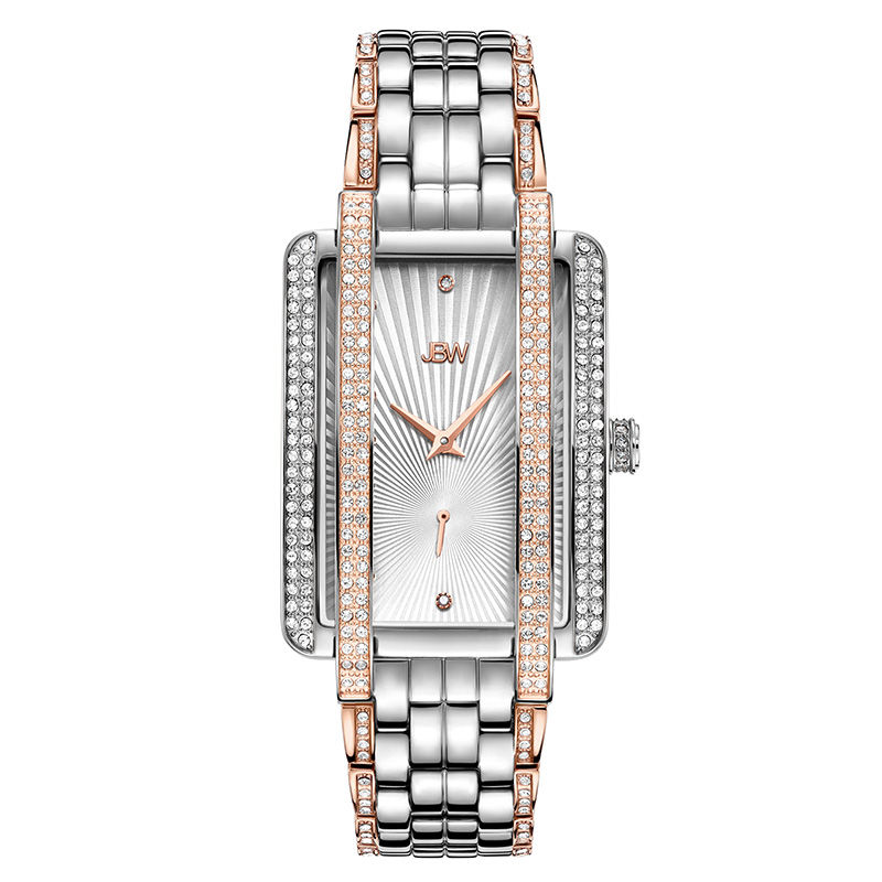 Ladies' JBW Mink 1/8 CT. T.W. Diamond and Crystal 18K Rose GP Two-Tone Watch with Rectangular Dial (Model: J6358D)