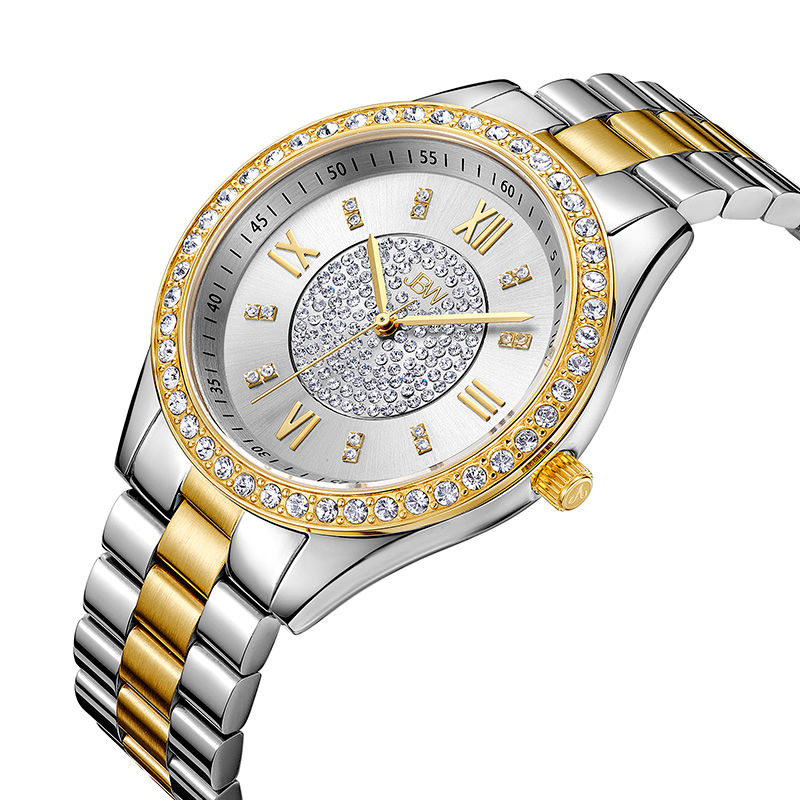 Ladies' JBW Mondrian 1/6 CT. T.W. Diamond and Crystal Accent 18K Gold Plate Two-Tone Watch (Model: J6303G)