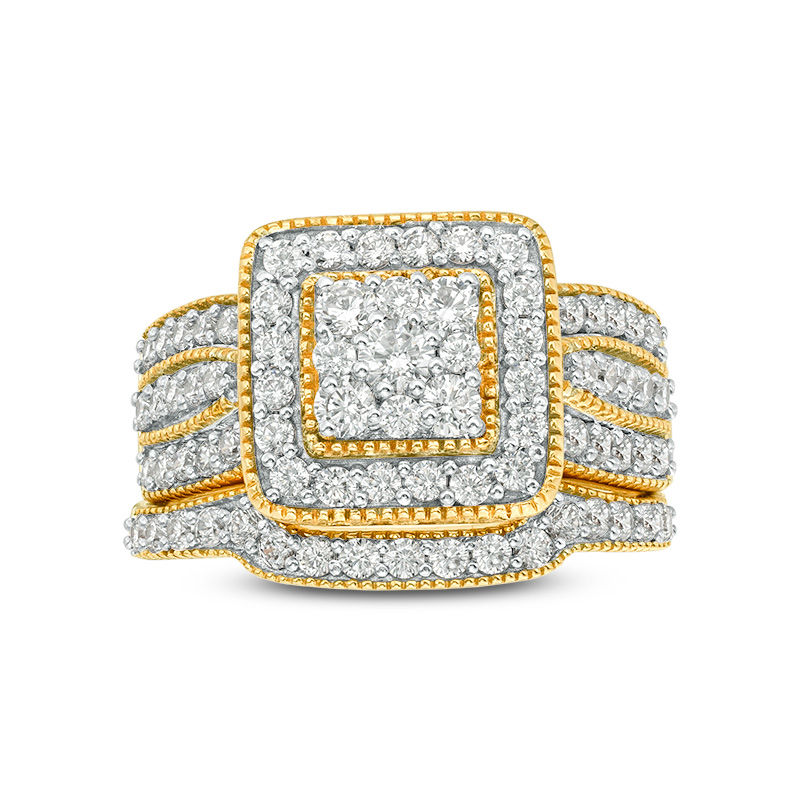 Main Image 4 of 1-1/4 CT. T.W. Multi-Diamond Square Frame Vintage-Style Multi-Row Bridal Set in 10K Gold