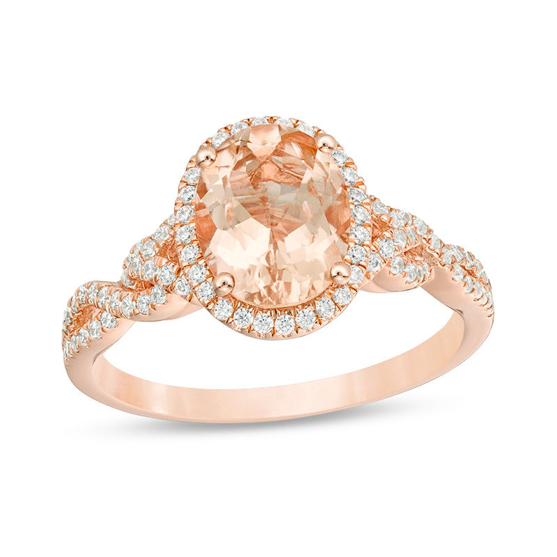 Main Image 1 of Oval Morganite and 1/4 CT. T.W. Diamond Frame Twist Shank Ring in 10K Rose Gold