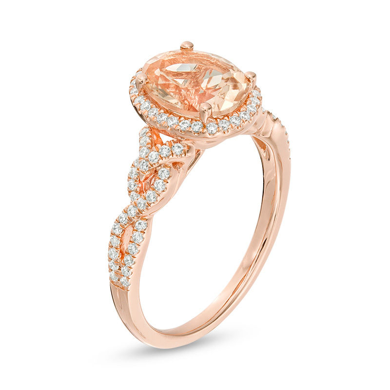 Main Image 2 of Oval Morganite and 1/4 CT. T.W. Diamond Frame Twist Shank Ring in 10K Rose Gold