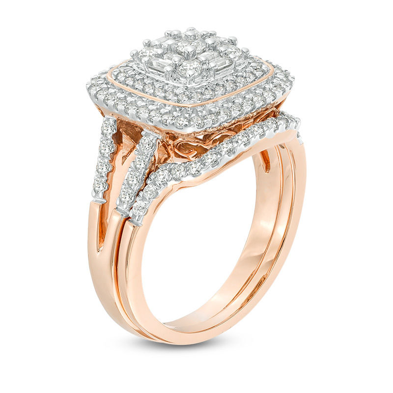 Main Image 2 of 1 CT. T.W. Multi-Diamond Double Cushion Frame Bridal Set in 10K Rose Gold