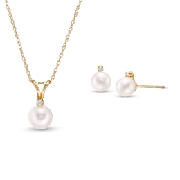 5.5-6.0mm Akoya Cultured Pearl and 1/20 CT. T.W. Diamond Pendant and Stud Earrings Set in 14K Gold