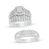 Thumbnail Image 0 of 1/2 CT. T.W. Diamond Double Cushion Frame Wedding Ensemble in 10K White Gold - Size 7 and 10