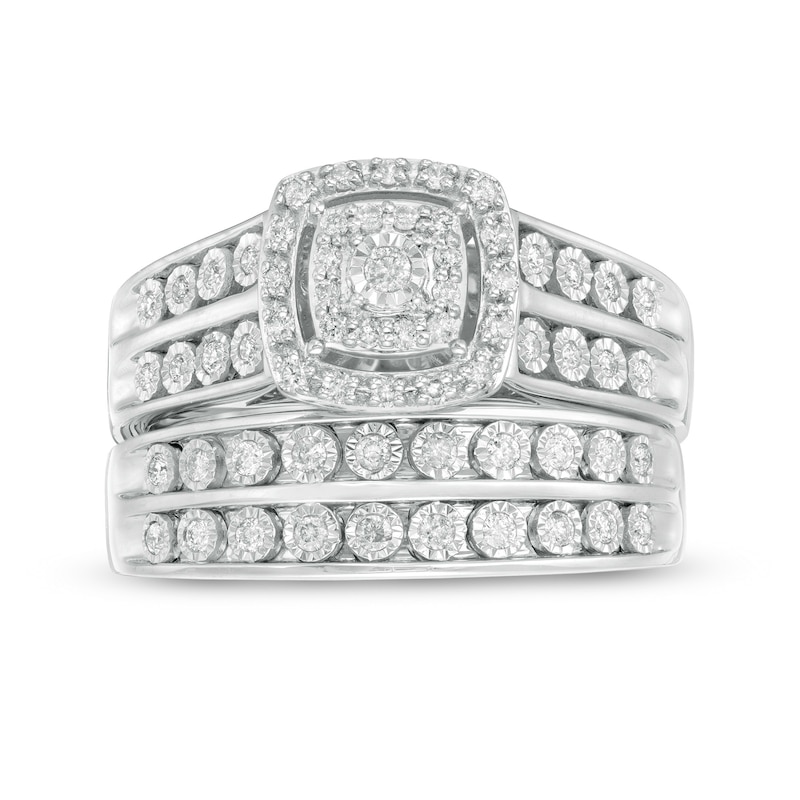 1/2 CT. T.W. Diamond Double Cushion Frame Wedding Ensemble in 10K White Gold - Size 7 and 10