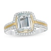 Thumbnail Image 0 of Emerald-Cut Aquamarine and 1/5 CT. T.W. Diamond Frame Ring in 10K Two-Tone Gold