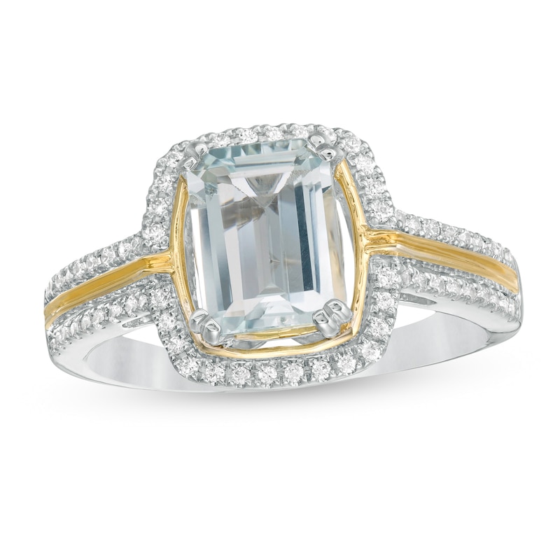 Emerald-Cut Aquamarine and 1/5 CT. T.W. Diamond Frame Ring in 10K Two-Tone Gold