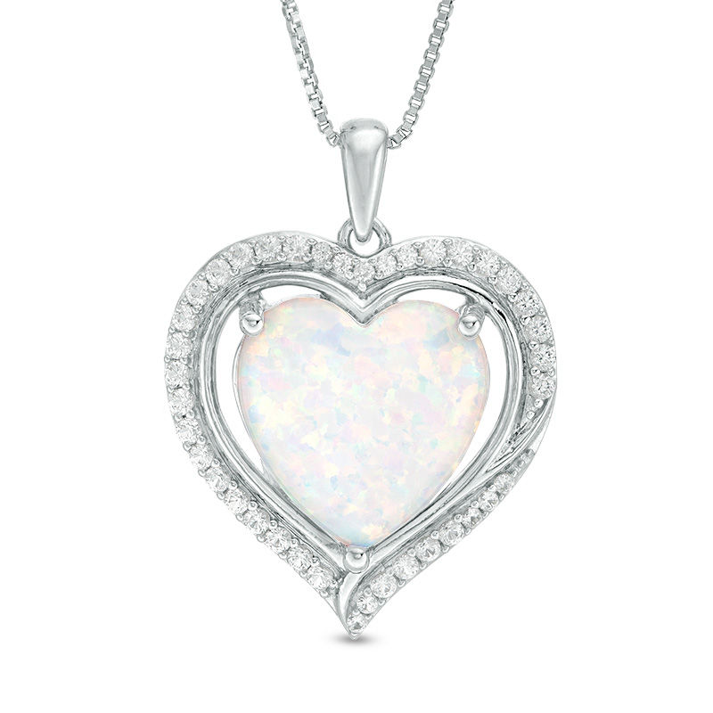 Main Image 1 of 12.0mm Heart-Shaped Lab-Created Opal and White Sapphire Swirl Frame Pendant in Sterling Silver