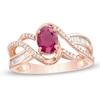 Thumbnail Image 1 of Oval Ruby and 1/4 CT. T.W. Diamond Bypass Split Shank Ring in 10K Rose Gold