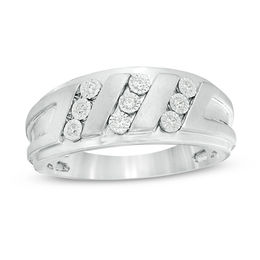 Men's 1/10 CT. T.W. Diamond Triple Row Slant Multi-Finish Ring in Sterling Silver