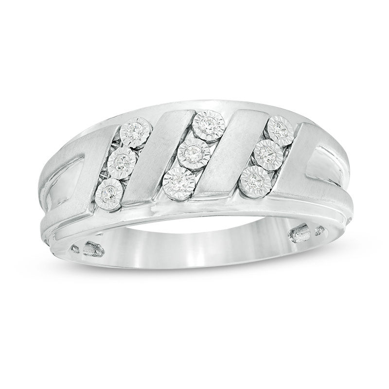 Main Image 1 of Men's 1/10 CT. T.W. Diamond Triple Row Slant Multi-Finish Ring in Sterling Silver