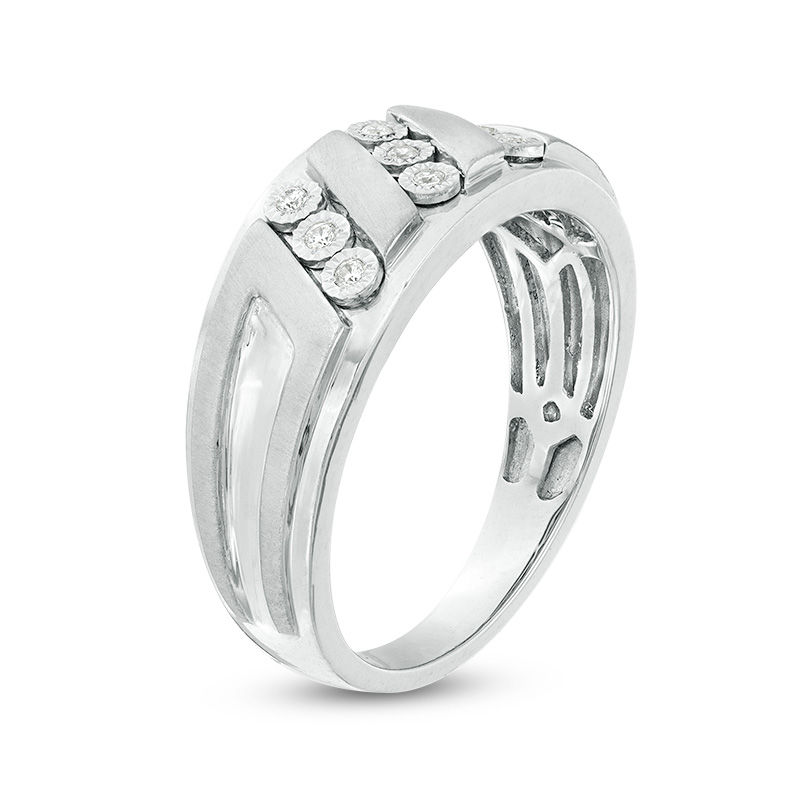 Main Image 3 of Men's 1/10 CT. T.W. Diamond Triple Row Slant Multi-Finish Ring in Sterling Silver