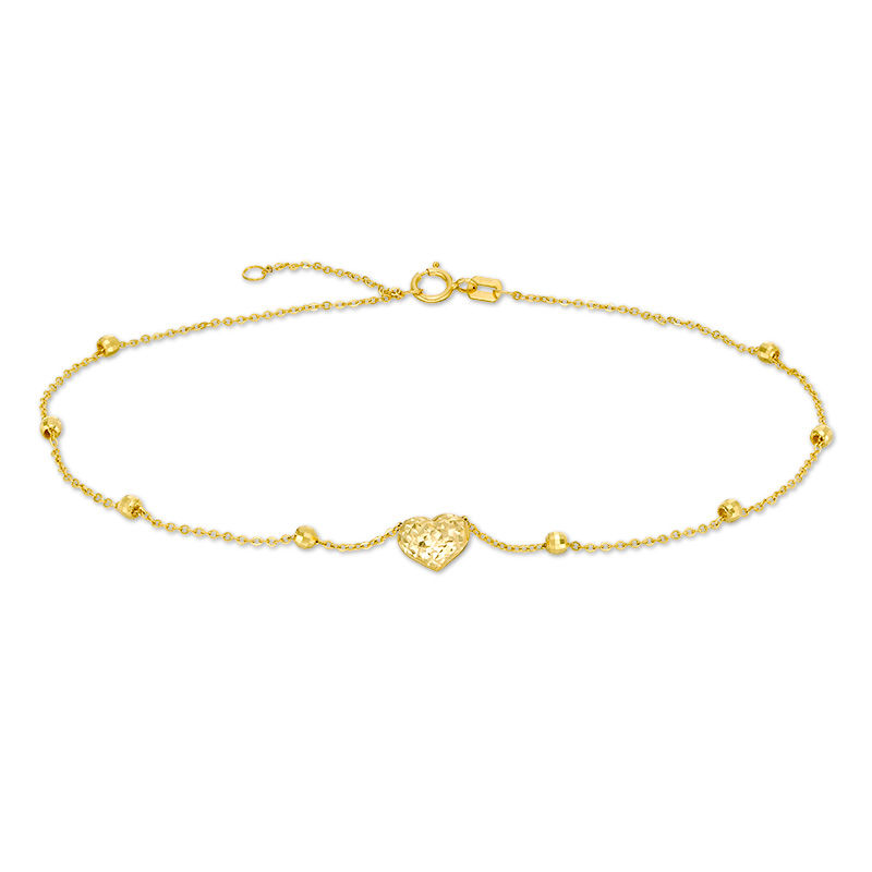 Diamond-Cut Puff Heart and Disco Bead Station Anklet in 10K Gold - 10"