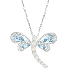 Swiss Blue Topaz, Lab-Created Opal and 1/20 CT. T.W. Diamond Dragonfly Pendant in Sterling Silver
