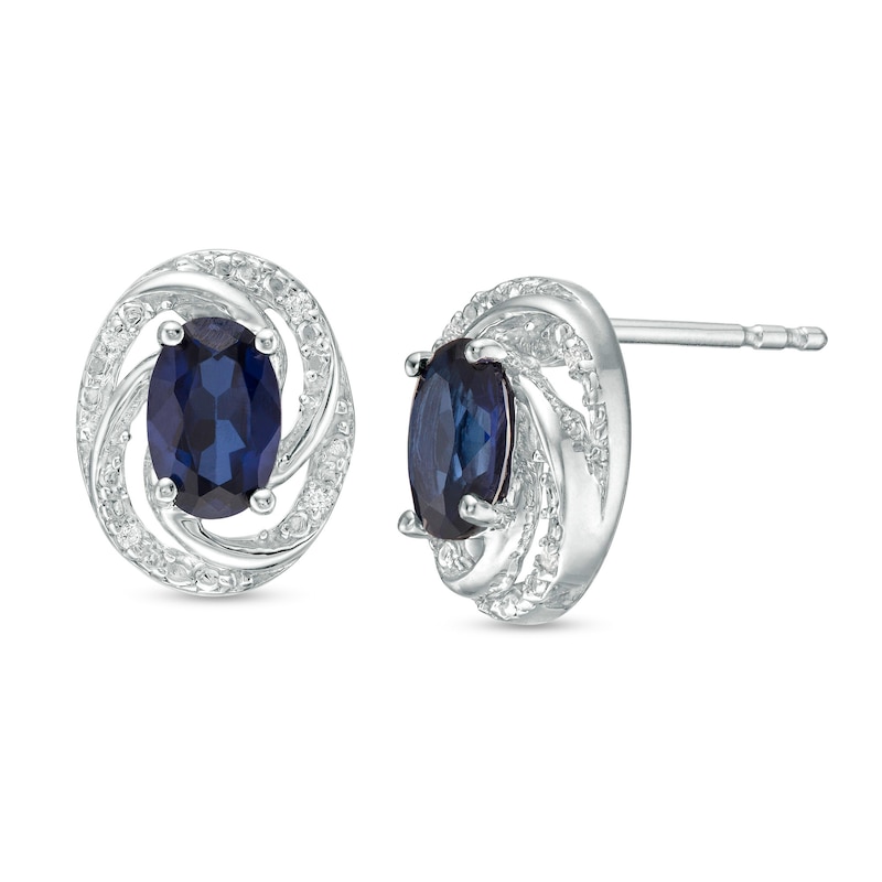 Main Image 1 of Oval Lab-Created Blue Sapphire and Diamond Accent Swirl Frame Stud Earrings in Sterling Silver