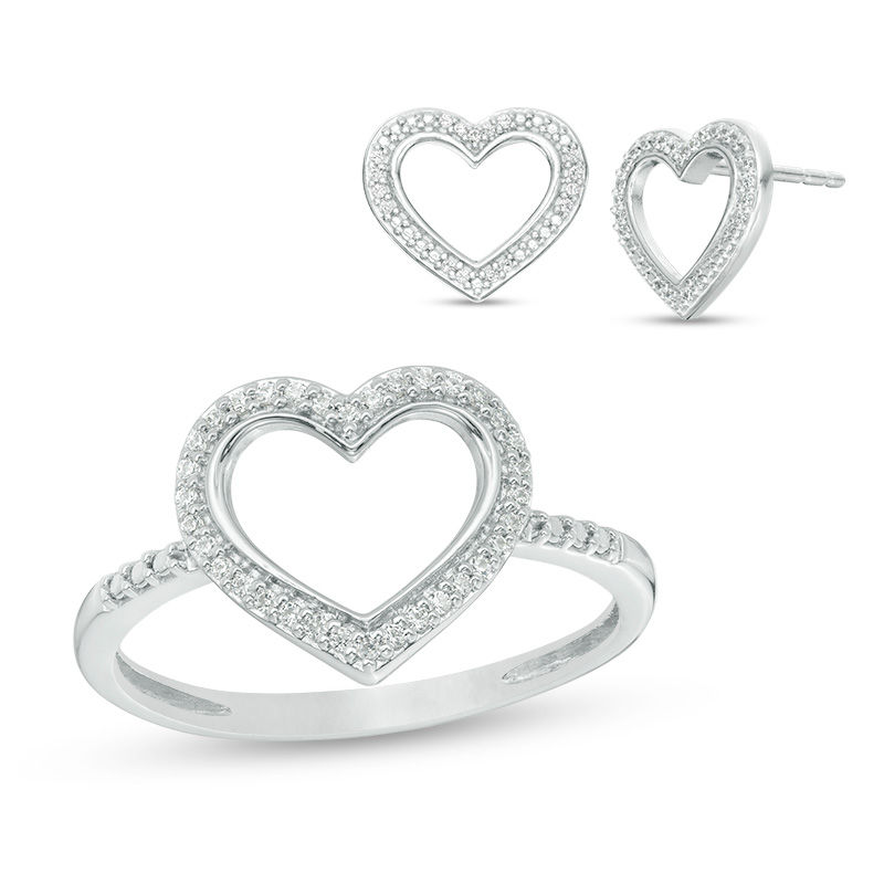 diamond heart ring and earring set