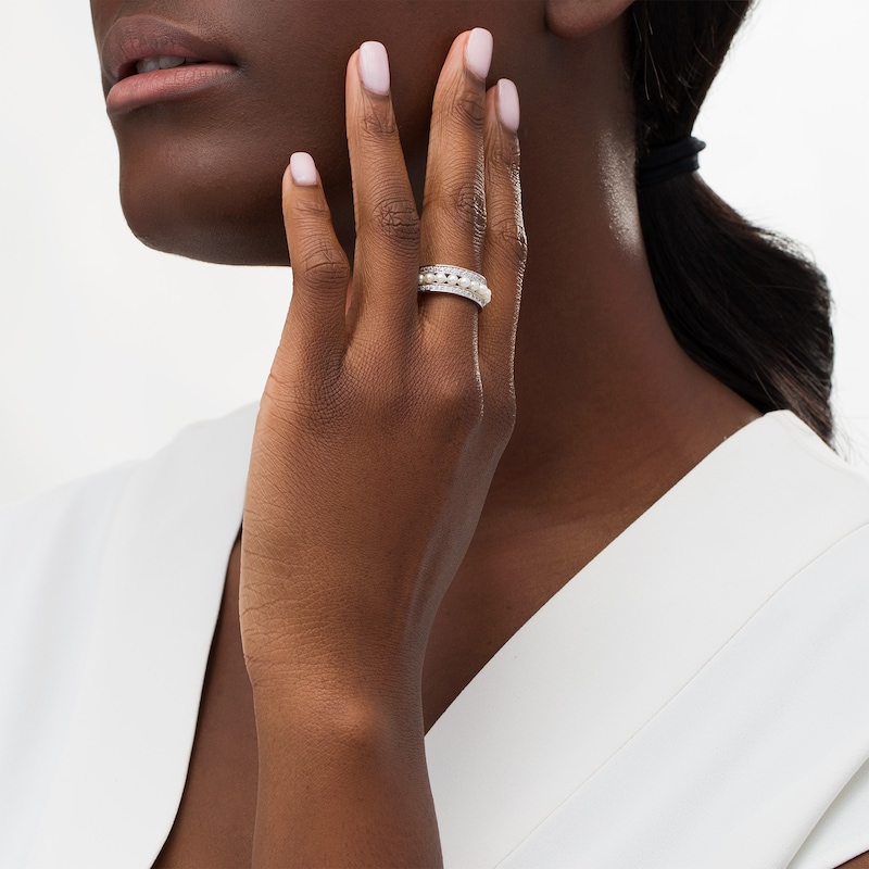 Main Image 2 of 2.0-3.0mm Button Freshwater Cultured Pearl and White Lab-Created Sapphire Triple Row Ring in Sterling Silver-Size 7