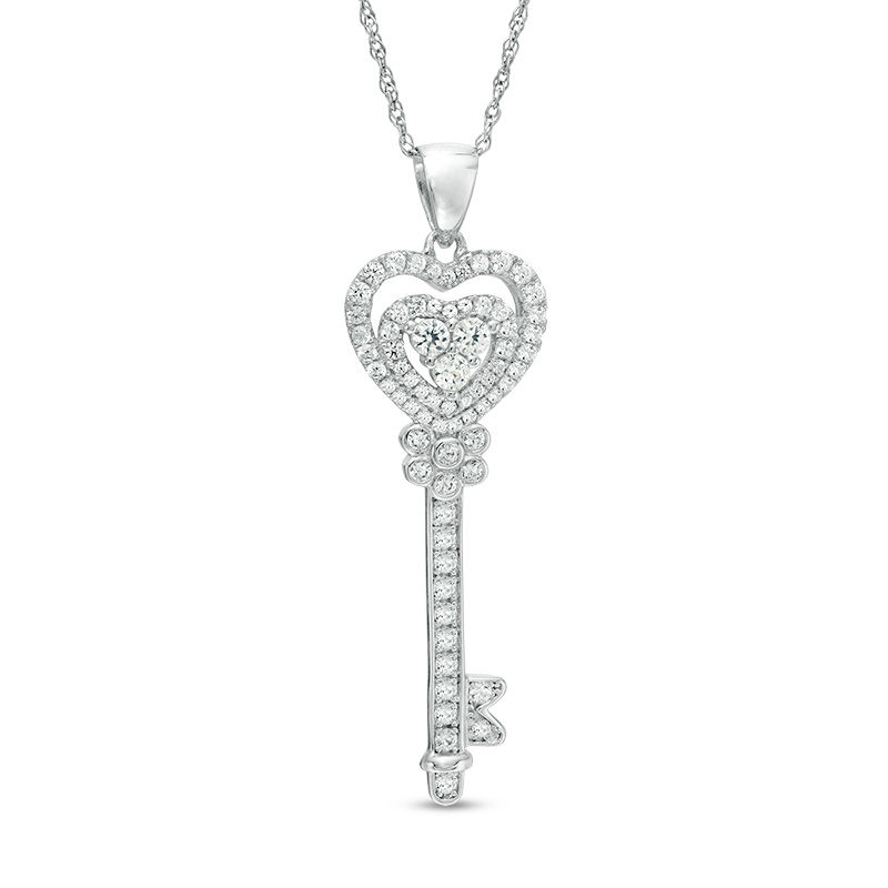 Lab-Created White Sapphire Heart-Top Key Pendant in Sterling Silver ...