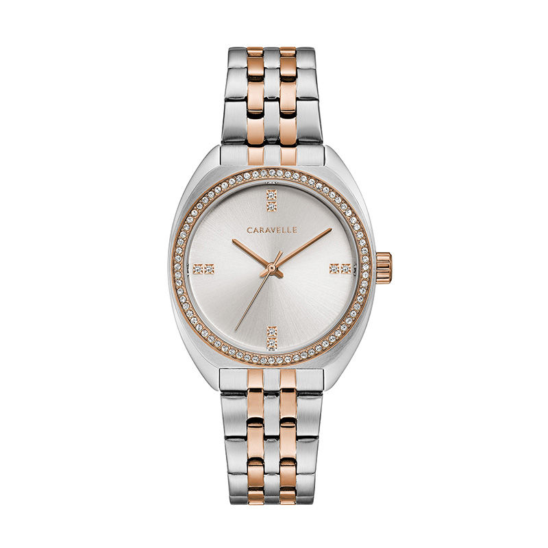 Ladies' Caravelle by Bulova Crystal Two-Tone Watch with Silver-Tone Dial (Model: 45L180)