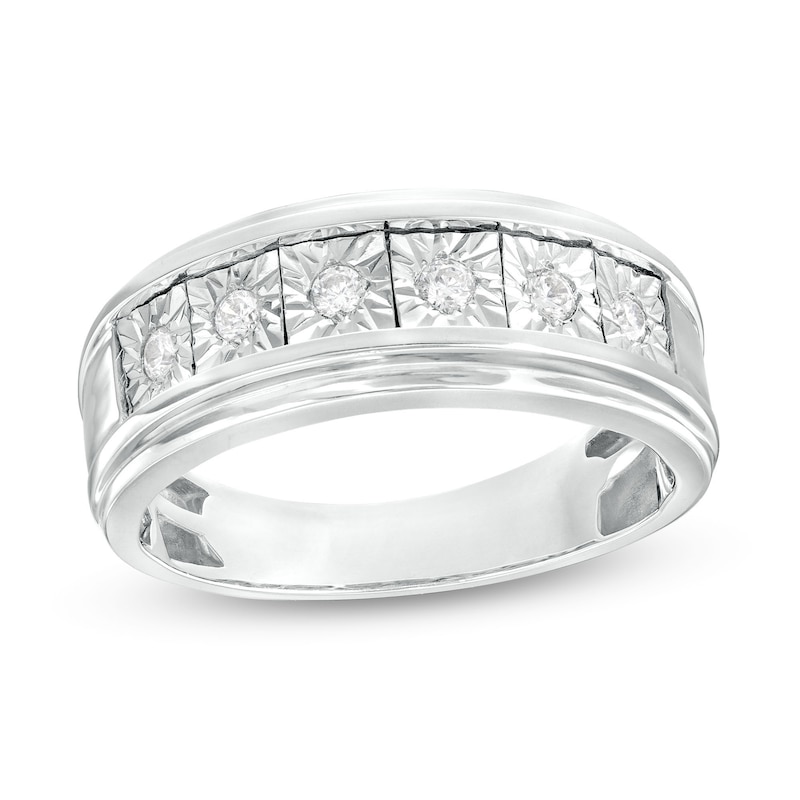 Main Image 1 of Men's 1/4 CT. T.W. Diamond Square Illusion Wedding Band in 10K White Gold