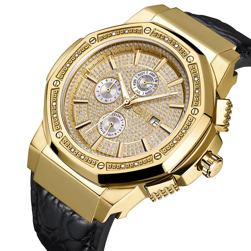 Main Image 2 of Men's JBW Saxon 1/6 CT. T.W. Diamond 18K Gold Plate Strap Watch (Model: JB-6101L-10A)