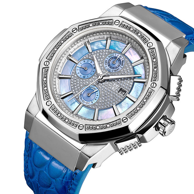 Main Image 2 of Men's JBW Saxon 1/6 CT. T.W. Diamond Strap Watch with Blue Dial (Model: JB-6101L-10B)