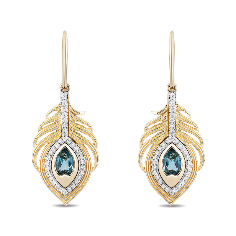 Enchanted Disney Jasmine Oval Swiss Blue Topaz and 1/5 CT. T.W. Diamond Palm Drop Earrings in 10K Gold