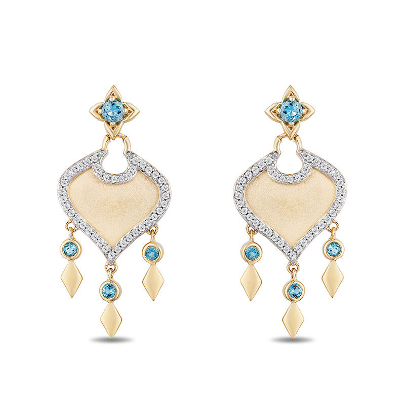 Main Image 1 of Enchanted Disney Jasmine Swiss Blue Topaz and 1/5 CT. T.W. Diamond Arabesque Drop Earrings in 10K Gold