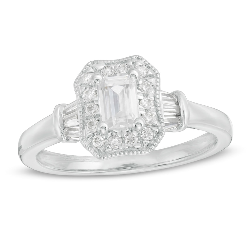 Main Image 1 of 3/4 CT. T.W. Certified Emerald-Cut Diamond Octagonal Frame Vintage-Style Engagement Ring in 14K White Gold (I/I1)