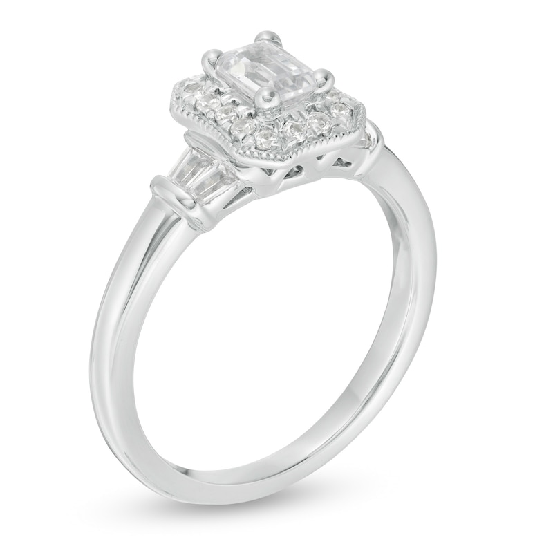 Main Image 3 of 3/4 CT. T.W. Certified Emerald-Cut Diamond Octagonal Frame Vintage-Style Engagement Ring in 14K White Gold (I/I1)