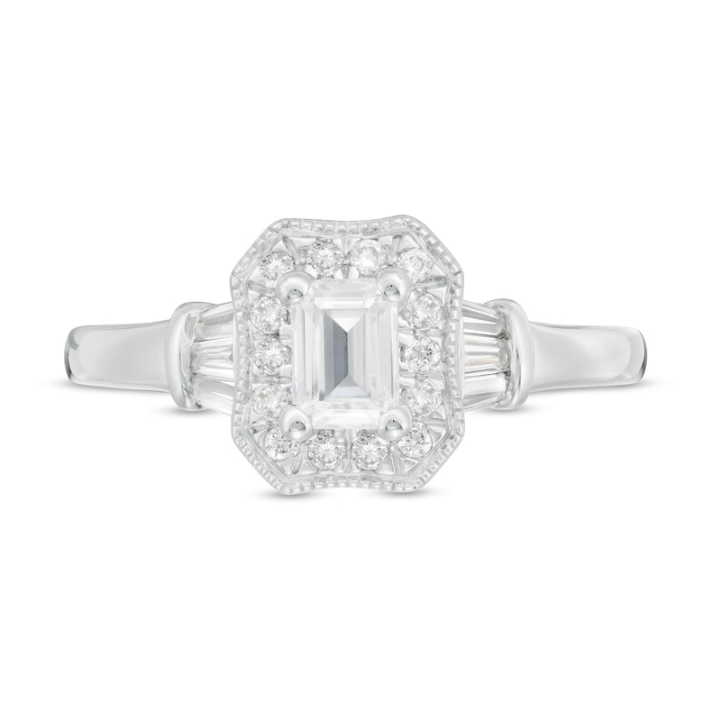 Main Image 4 of 3/4 CT. T.W. Certified Emerald-Cut Diamond Octagonal Frame Vintage-Style Engagement Ring in 14K White Gold (I/I1)