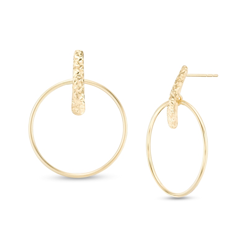 Main Image 1 of Textured Circle Dangle Hoop Earrings in 14K Gold