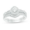 Thumbnail Image 1 of 4.0mm Cushion-Cut Lab-Created White Sapphire Frame Vintage-Style Bridal Set in 10K White Gold