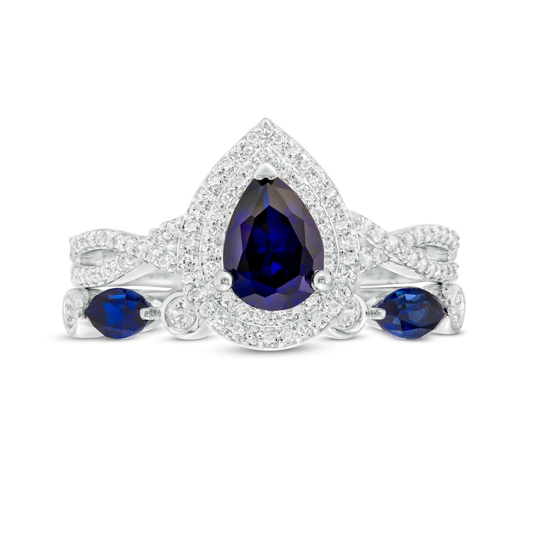 Main Image 4 of Pear-Shaped Lab-Created Blue and White Sapphire Double Frame Twist Shank Art Deco Bridal Set in Sterling Silver