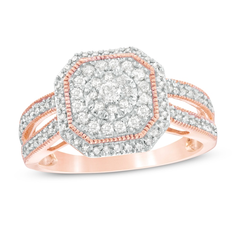 Main Image 1 of 1/2 CT. T.W. Composite Diamond Octagonal Frame Vintage-Style Split Shank Engagement Ring in 10K Rose