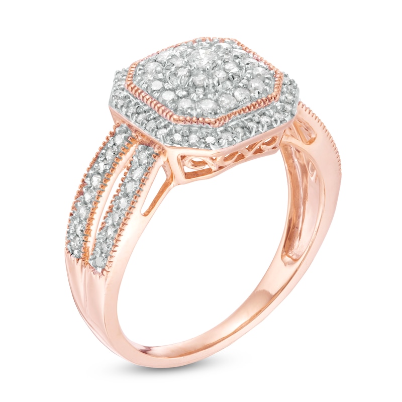 Main Image 3 of 1/2 CT. T.W. Composite Diamond Octagonal Frame Vintage-Style Split Shank Engagement Ring in 10K Rose