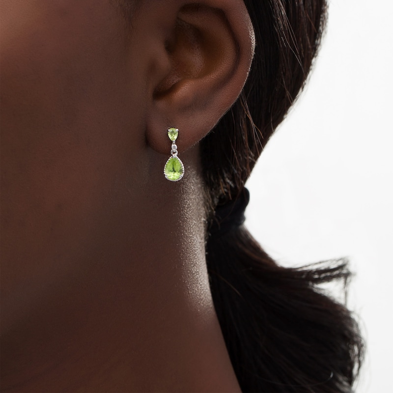 Main Image 2 of Pear-Shaped Peridot and White Lab-Created Sapphire Rope Frame Drop Earrings in Sterling Silver